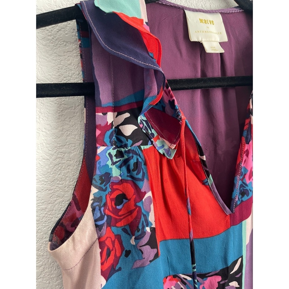 Maeve Anthropologie Floral Patchwork Ruffle Tie Neck Blouse Purple Women XSP - Picture 4 of 8